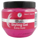 A 250ml pink jar of Professional Touch - Salon Styling Gel Extra Hold with a black lid, ideal for salon styling and long-lasting hold.